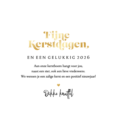 Kerstkaart kerstbal fotocollage hartjes sneeuw goud Achterkant