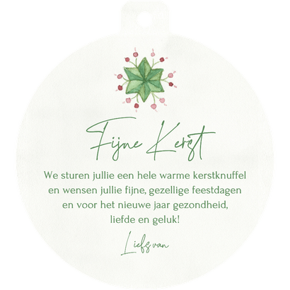 Kerstkaart kerstbal met kerstster van waterverf takjes Achterkant