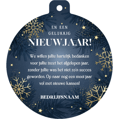 Kerstkaart kerstbalvorm jaartal sneeuwvlokken en logo Achterkant