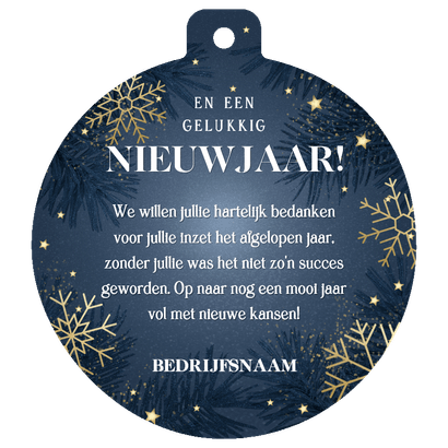 Kerstkaart kerstbalvorm jaartal sneeuwvlokken en logo Achterkant