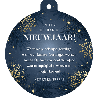 Kerstkaart kerstbalvorm jaartal sneeuwvlokken en sterren Achterkant