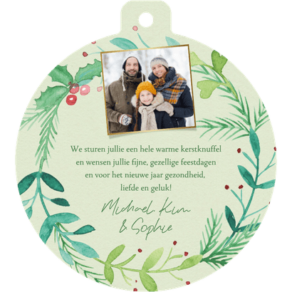 Kerstkaart kerstbalvorm kerstkrans aquarel Achterkant