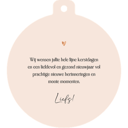 Kerstkaart kerstbalvorm koper merry christmas met foto Achterkant