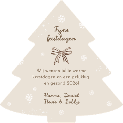 Kerstkaart kerstboom fotocollage strikjes beige sneeuw Achterkant
