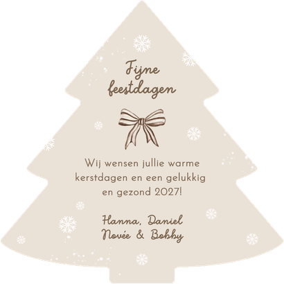 Kerstkaart kerstboom fotocollage strikjes beige sneeuw Achterkant