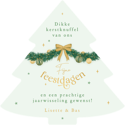 Kerstkaart kerstboom vorm slingers lampjes strikjes kerst Achterkant
