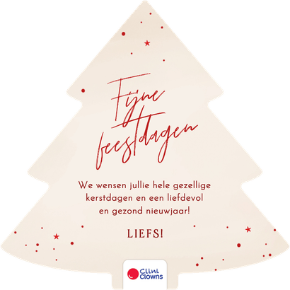 Kerstkaart kerstboomvorm beige met rode confetti Achterkant