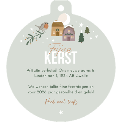 Kerstkaart kersthuisjes met verhuisauto Achterkant