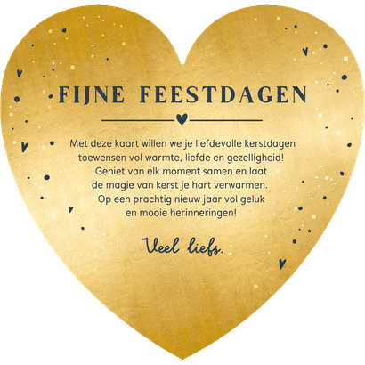 Kerstkaart met gouden hart en kerst knuffel er op. Achterkant