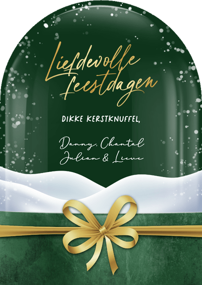 Kerstkaart sneeuwbol foto liefdevolle feestdagen strik goud Achterkant