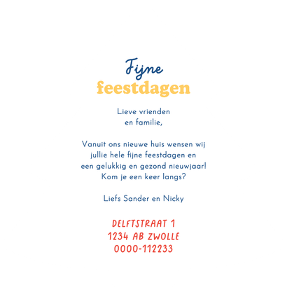 Kerstkaart verhuisbericht kerstboom dozen lampjes kerstbal Achterkant