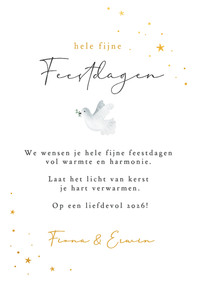 Kerstkaart vrede & hoop - met witte vredesduif met takje Achterkant