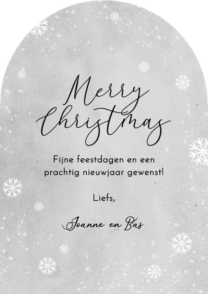 Kerstkaart winter sneeuwvlokken ijs foto boogkaart grijs Achterkant