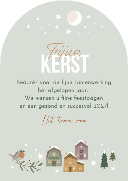 Kerstkaart zakelijk kersthuisjes in wintersfeer Achterkant