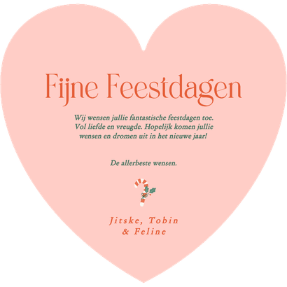 Kerstkaartje hartje roze met foto's en zuurstokjes Achterkant