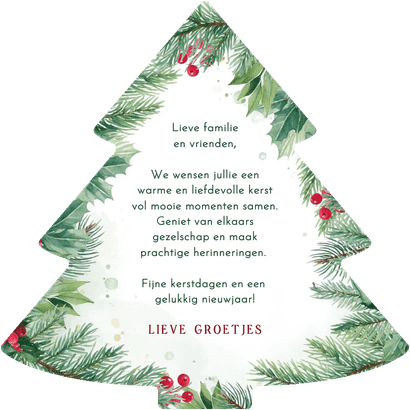 Kerstkaartje hulst en takjes in kerstboomvorm Achterkant