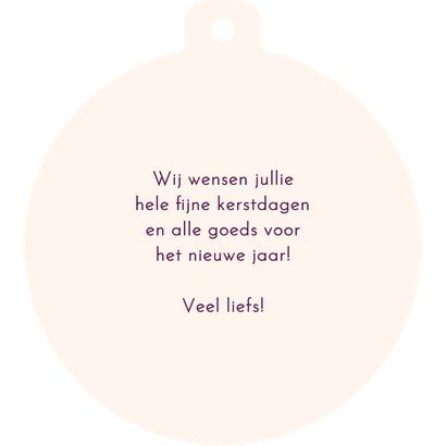 Kerstkaartje kerstbalvorm 2026 paars geel Achterkant