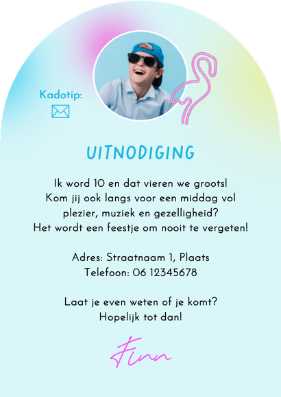 Kinderfeestje uitnodiging boogvorm 80's neon sign party Achterkant