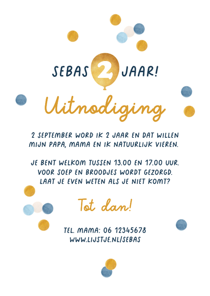 Kinderfeestje uitnodiging confetti 2 jaar foto goud blauw Achterkant