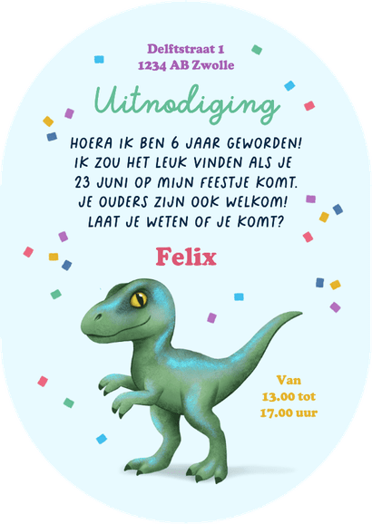 Kinderfeestje uitnodiging pilvorm dino raptor confetti foto Achterkant