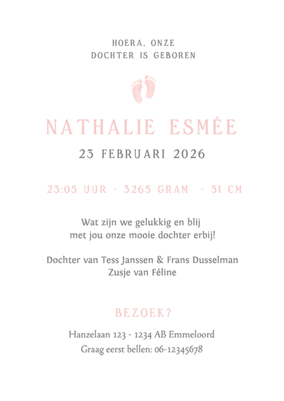 Klassiek lief geboortekaartje meisje met waterverf voetjes Achterkant