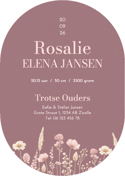 Klassiek ovaal geboortekaartje donker roze met bloemen Achterkant