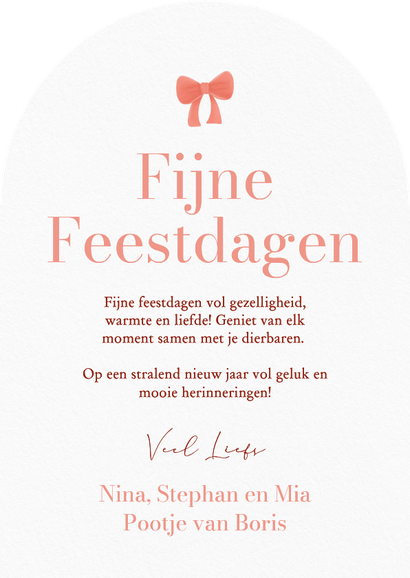 Klassieke kerstkaart boogvorm met foto en rode strik Achterkant