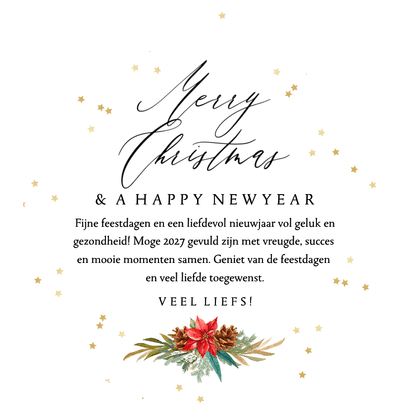 Klassieke kerstkaart kerstkrans foto sterren goudlook Achterkant