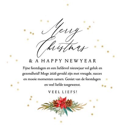 Klassieke kerstkaart kerstkrans foto sterren goudlook Achterkant