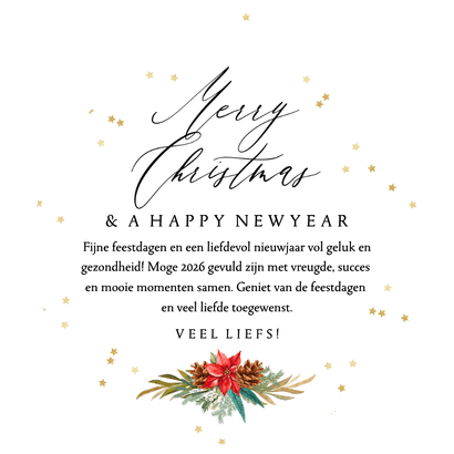 Klassieke kerstkaart kerstkrans foto sterren goudlook Achterkant