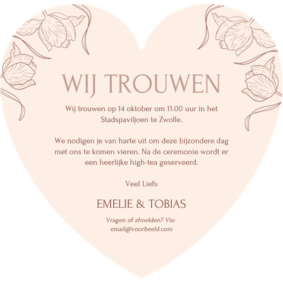 Klassieke trouwkaart met vintage tulpen in vorm van hartje Achterkant