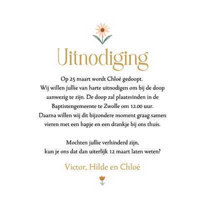 Klassieke uitnodiging doopsel kleine bloemen lente Achterkant