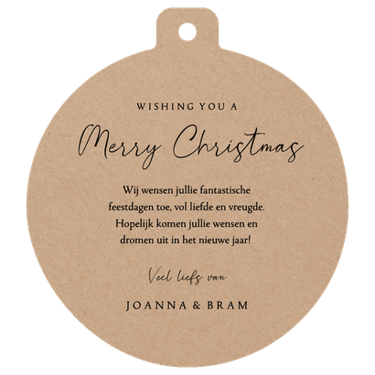 Kraft kerstkaart in kerstbal vorm met grote foto Achterkant
