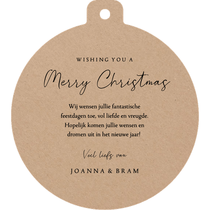Kraft kerstkaart in kerstbal vorm met grote foto Achterkant