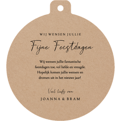 Kraft nieuwjaarskaart in kerstbal vorm met grote foto Achterkant