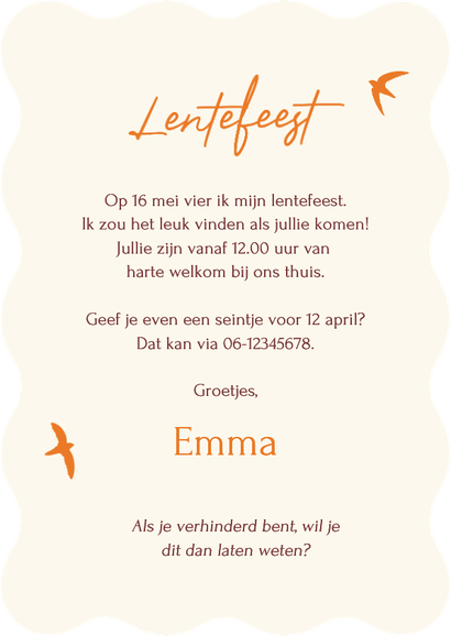 Lentefeest roze streepjes met oranje vogeltjes golfvorm Achterkant