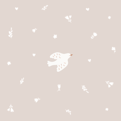 Lief beige geboortekaartje met duifjes en koperen bloemen Achterkant