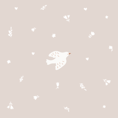 Lief beige geboortekaartje met duifjes en koperen bloemen Achterkant