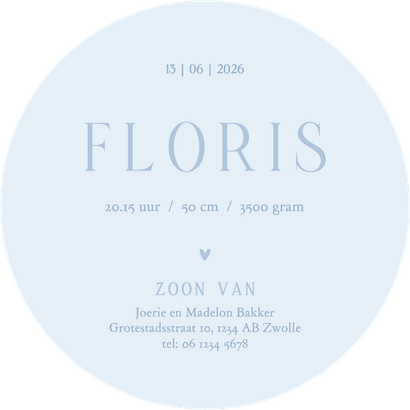 Lief blauw geboortekaartje rond met klein gansje Achterkant