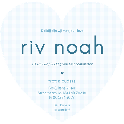 Lief geboortekaartje blauwe ruitjes in hartvorm Achterkant