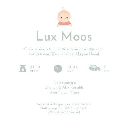 Lief geboortekaartje in ronde vorm met ooievaar & baby  Achterkant