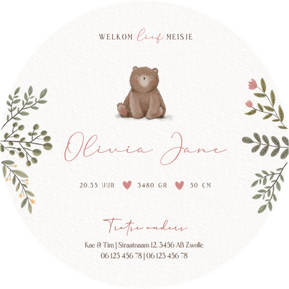 Lief geboortekaartje meisje met beer plantjes en hartjes Achterkant