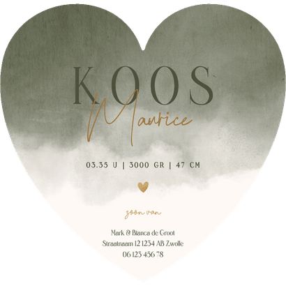 Lief geboortekaartje met groene waterverf in hartvorm Achterkant