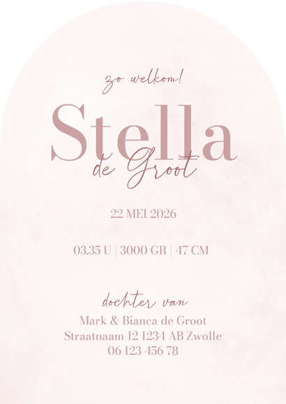  Lief geboortekaartje met roze strik in boogvorm Achterkant