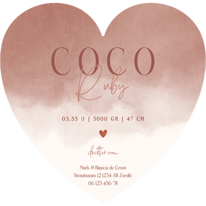 Lief geboortekaartje met zachtbruine waterverf in hartvorm Achterkant