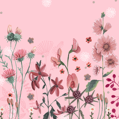Lief geboortekaartje veldbloemen in roze aardetinten Achterkant