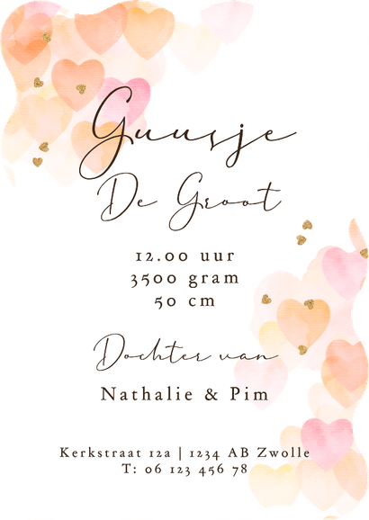 Lief geboortekaartje watercolor hartjes initiaal goud Achterkant