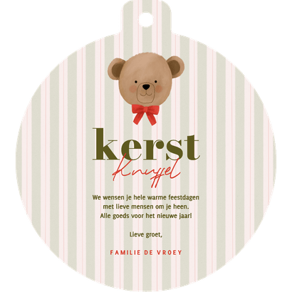 Lief kerstkaartje kerstbal vorm knuffel beer met strik Achterkant