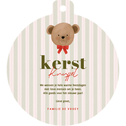 Lief kerstkaartje kerstbal vorm knuffel beer met strik Achterkant