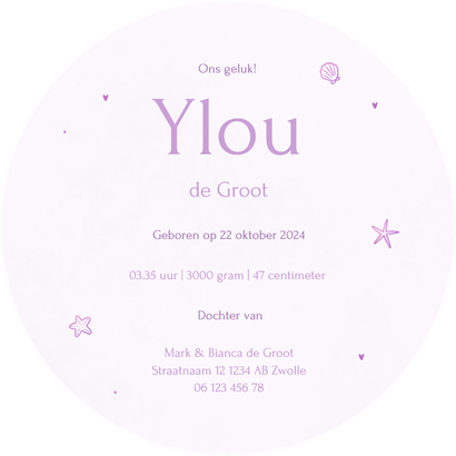 Lief rond pastel geboortekaartje met schelp en en streepjes Achterkant